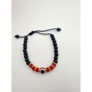 Adjustable Black Onyx Bead Bracelet Red Gold Tone Evil Eye-Unisex